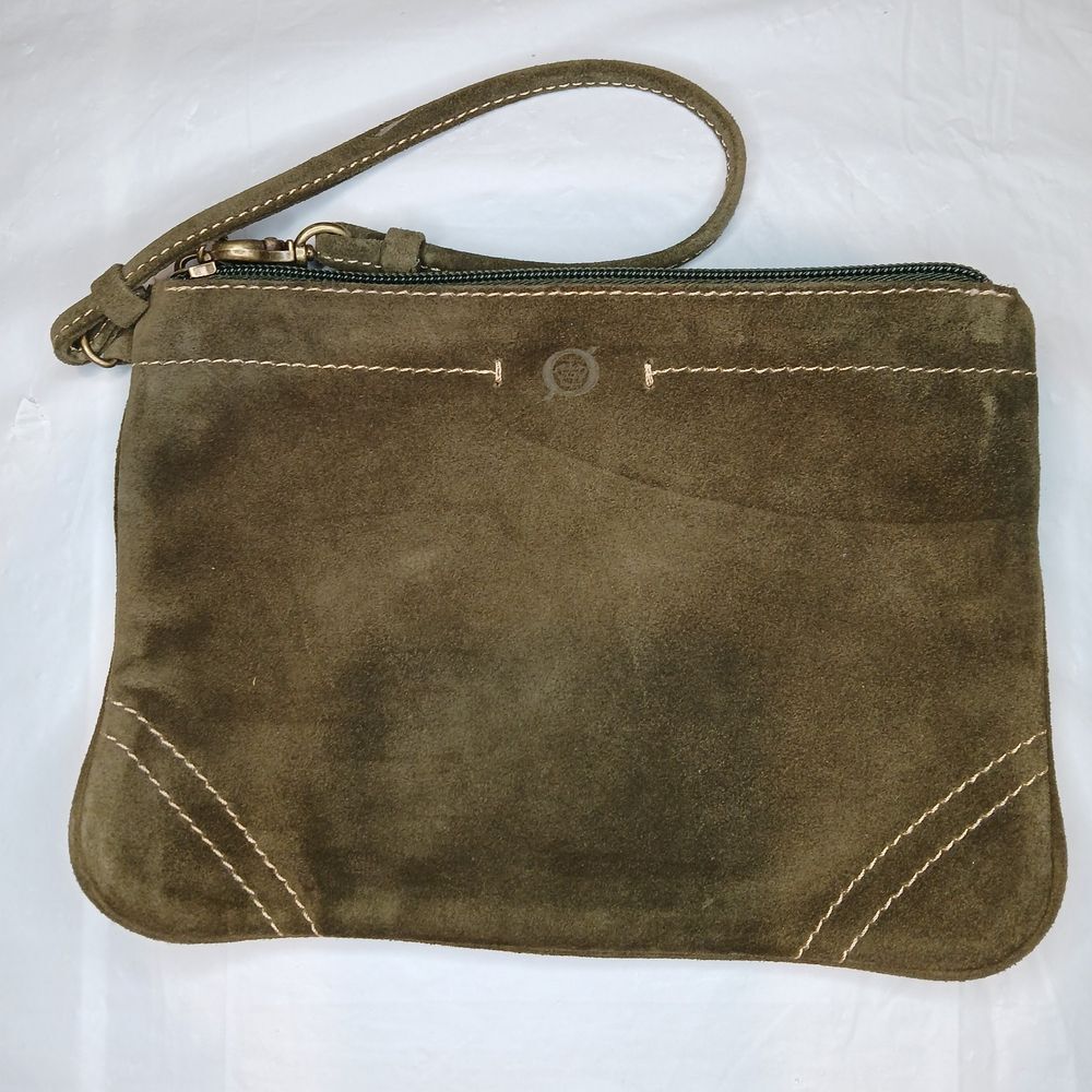 Olive‎ Green Suede Wristlet, Embossed Crown, Brass Hardware, Renaissance Vibes